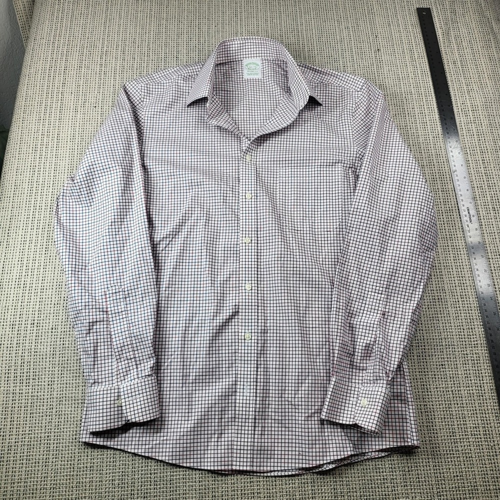 Brooks Brothers Dress Shirt Mens 15.5 34/35 White Check Milano Non Iron Stretch